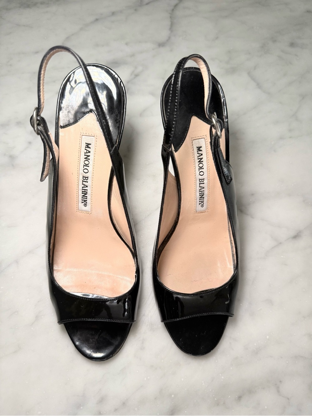 Manolo Blahnik Black Patent Open-Toe Slingbacks size 37